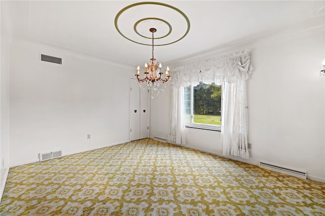 unfurnished room featuring a baseboard radiator, a chandelier, and carpet floors