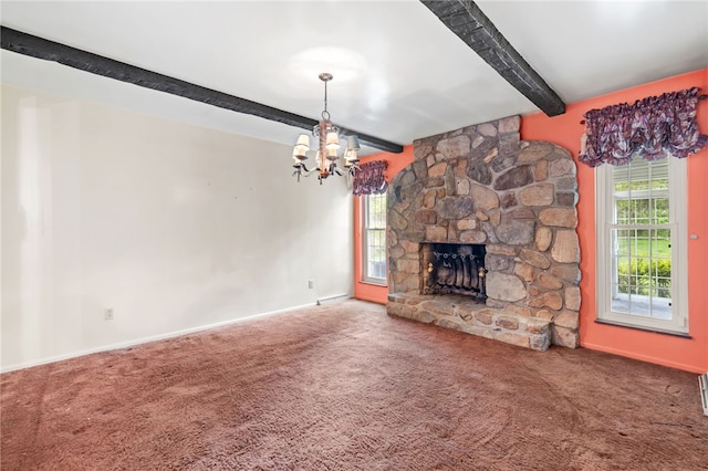 unfurnished living room with beamed ceiling, carpet, a chandelier, and baseboards