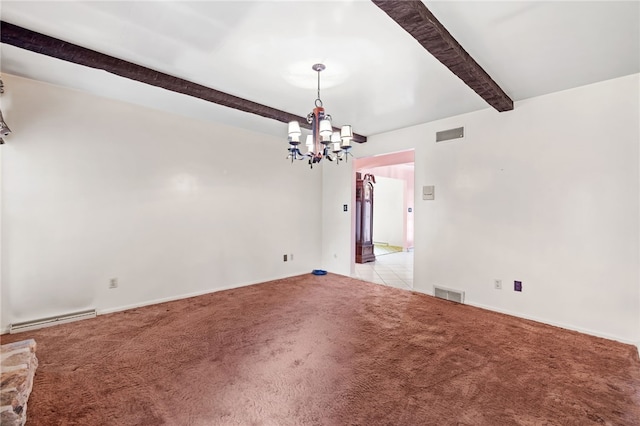 empty room with a baseboard heating unit, beamed ceiling, a chandelier, light colored carpet, and baseboards