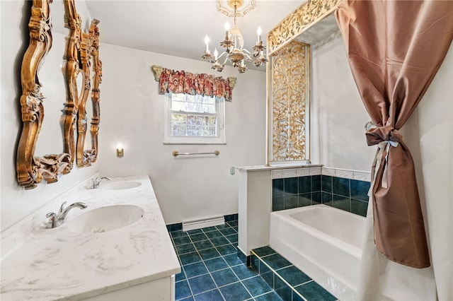 bathroom with tile patterned floors, a chandelier, a garden tub, and double vanity
