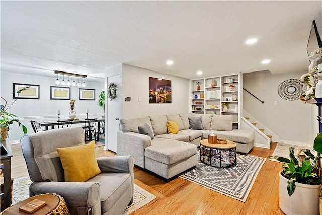 1009 Connor Rd, Castle Shannon, PA 15234 - living room with recessed lighting, stairway, wood finished floors, and baseboards