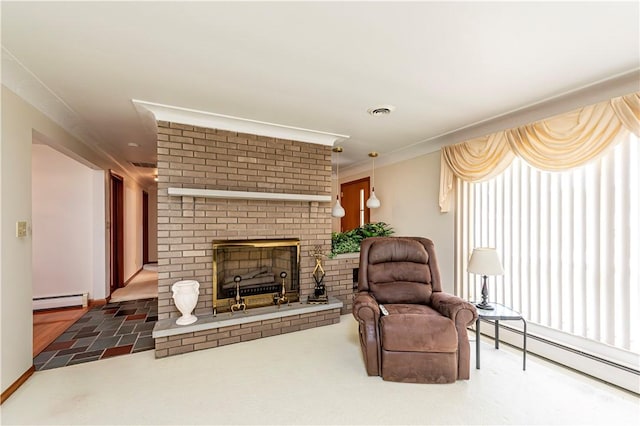 living room with a baseboard radiator, a fireplace, and crown molding