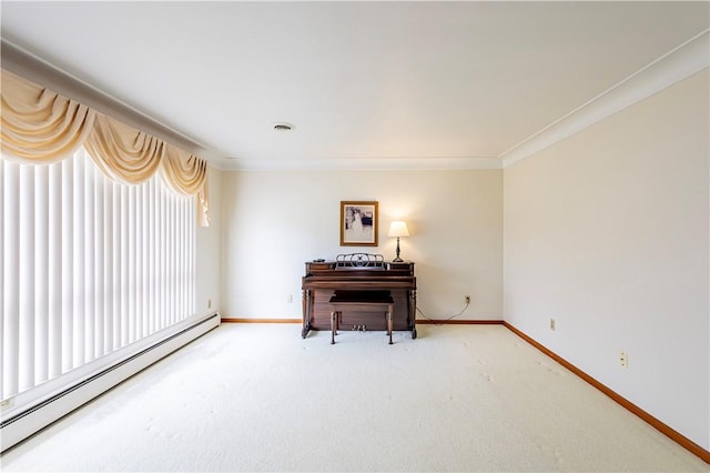 living area featuring a baseboard radiator, ornamental molding, light colored carpet, baseboards, and plenty of natural light