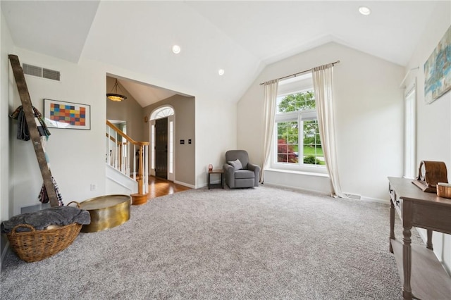430 Southfield Dr, Hempfield Twp Wml, PA 15601 - living area featuring lofted ceiling, stairway, carpet flooring, baseboards, and recessed lighting