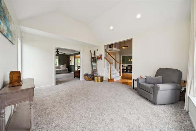 430 Southfield Dr, Hempfield Twp Wml, PA 15601 - living area featuring stairs, carpet floors, vaulted ceiling, and recessed lighting