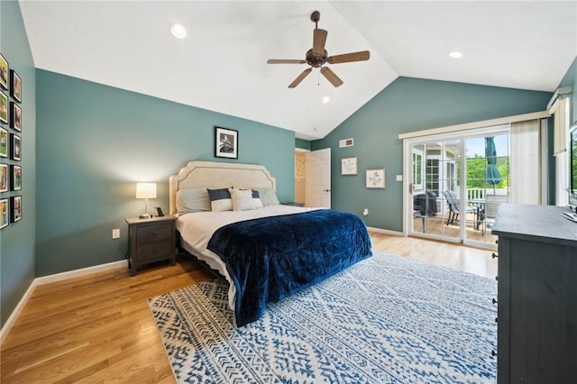 430 Southfield Dr, Hempfield Twp Wml, PA 15601 - bedroom with access to exterior, light wood-style flooring, baseboards, ceiling fan, and high vaulted ceiling