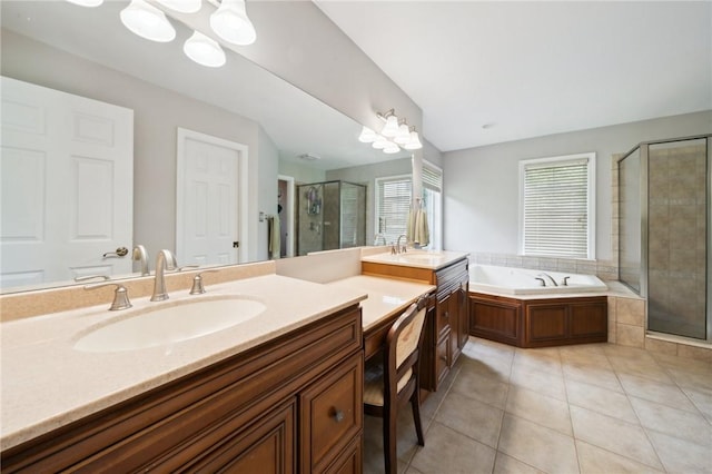 430 Southfield Dr, Hempfield Twp Wml, PA 15601 - full bath with tile patterned flooring, a shower stall, a bath, vanity, and a chandelier