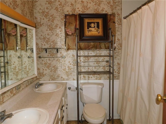 110 Holbert Stretch Rd, Bobtown/Dilliner, PA 15327 - bathroom featuring wallpapered walls, a shower with shower curtain, toilet, and double vanity