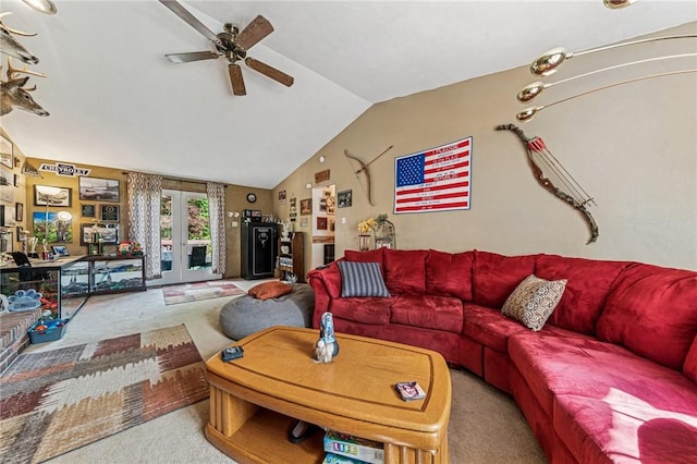 620 Sandy Hill Rd, Manor, PA 15642 - living room with carpet flooring, french doors, a ceiling fan, and vaulted ceiling