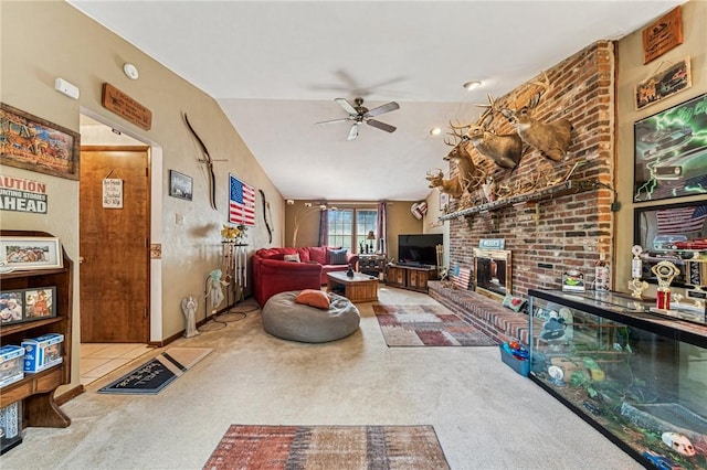 620 Sandy Hill Rd, Manor, PA 15642 - living room featuring a ceiling fan, carpet floors, vaulted ceiling, and a fireplace