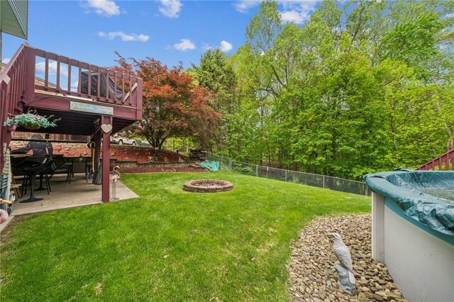 620 Sandy Hill Rd, Manor, PA 15642 - view of yard with an outdoor fire pit, a patio area, and a wooden deck