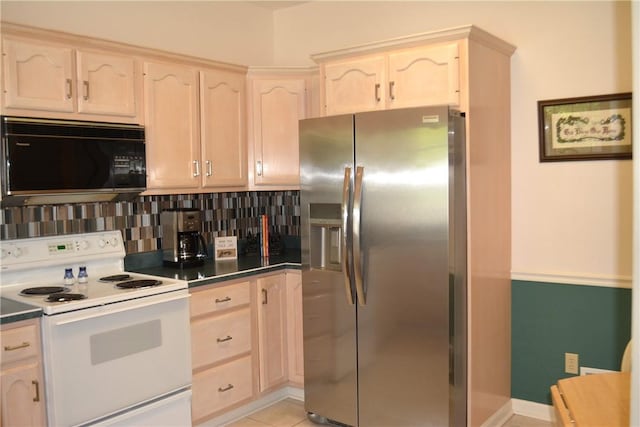 103 Boxwood Ct, Peters Twp, PA 15317 - kitchen with stainless steel refrigerator with ice dispenser, white range with electric stovetop, black microwave, tasteful backsplash, and light brown cabinets