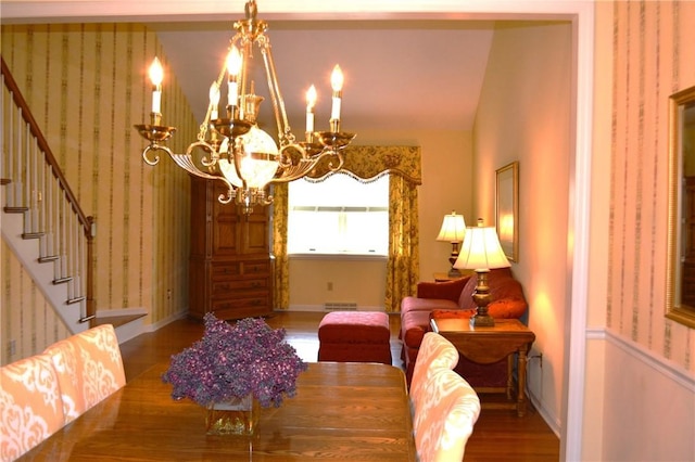 103 Boxwood Ct, Peters Twp, PA 15317 - dining area with a chandelier, stairs, wood finished floors, baseboards, and wallpapered walls