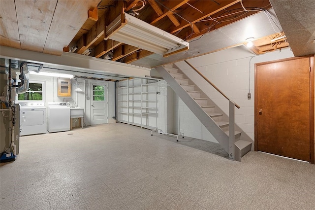 2023 Menold Dr, Mccandless, PA 15101 - basement with washer and clothes dryer, stairway, concrete block wall, and a sink