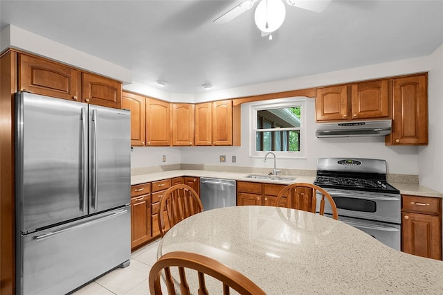 2023 Menold Dr, Mccandless, PA 15101 - kitchen with appliances with stainless steel finishes, under cabinet range hood, a sink, ceiling fan, and brown cabinetry