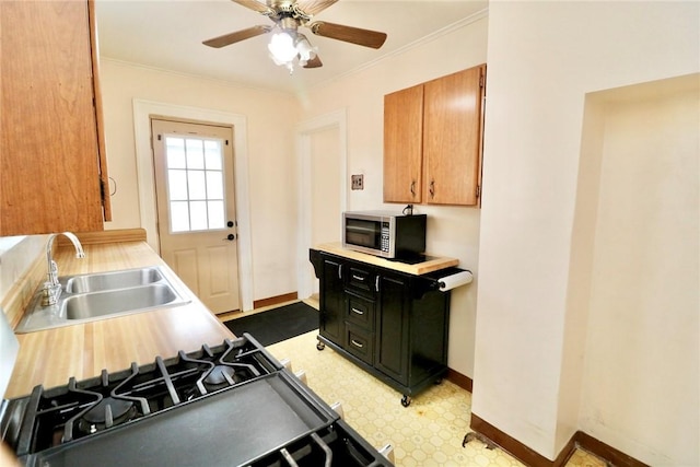 kitchen featuring a sink, stainless steel microwave, baseboards, ceiling fan, and dark cabinetry