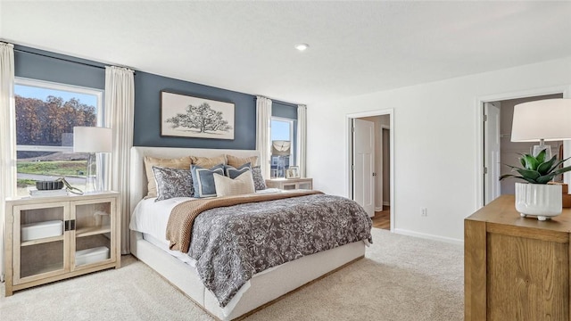 bedroom with carpet floors, multiple windows, and baseboards