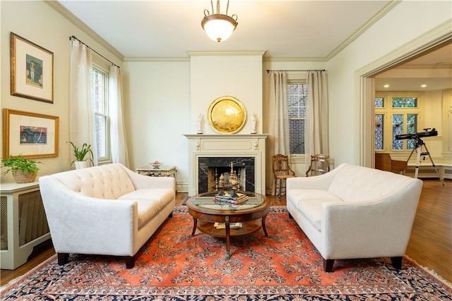6020 Grafton St, Highland Park, PA 15206 - living area with wood finished floors, crown molding, plenty of natural light, and a premium fireplace