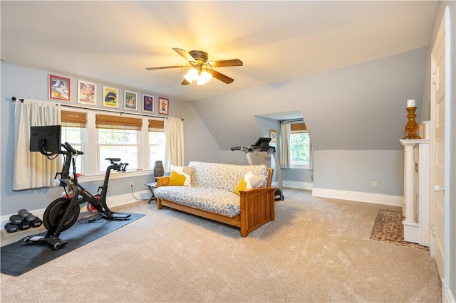 6020 Grafton St, Highland Park, PA 15206 - exercise area with a ceiling fan, carpet, and lofted ceiling