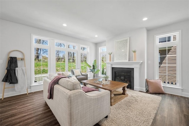 living area with dark wood-style flooring, recessed lighting, baseboards, and a glass covered fireplace