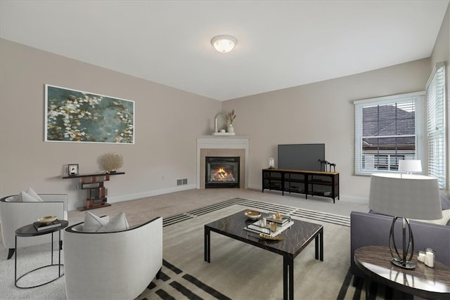 2108 Beams Run Rd, Jefferson Hills, PA 15025 - living room featuring carpet floors, a tiled fireplace, and baseboards