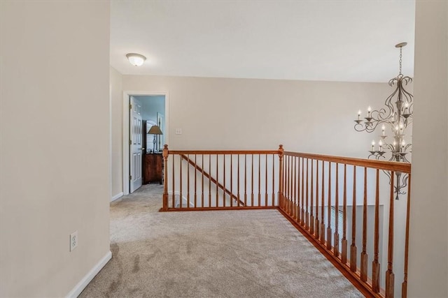 2108 Beams Run Rd, Jefferson Hills, PA 15025 - corridor featuring carpet flooring, a chandelier, baseboards, and an upstairs landing