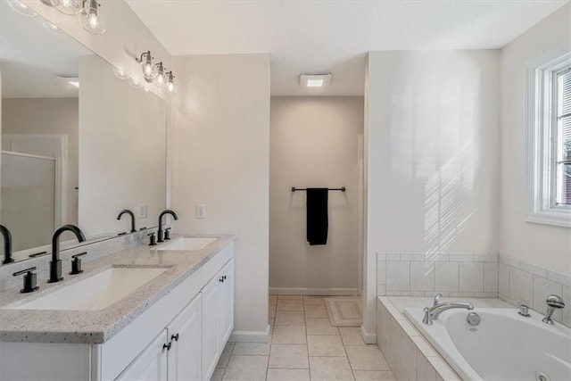 2108 Beams Run Rd, Jefferson Hills, PA 15025 - bathroom with a bath, baseboards, tile patterned flooring, a stall shower, and double vanity