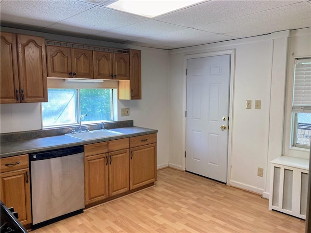 4974 Williamsport Rd, Elizabeth Twp/Boro, PA 15037 - kitchen with dishwasher, a sink, light wood-type flooring, dark countertops, and a paneled ceiling