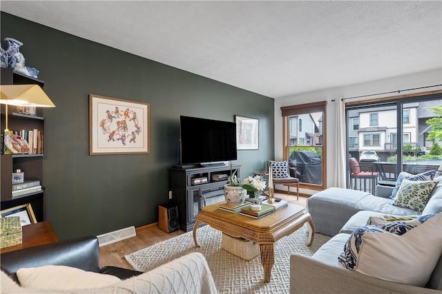 living room with wood finished floors, baseboards, and a textured ceiling