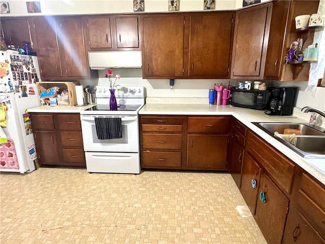 kitchen with white appliances, range hood, a sink, light countertops, and open shelves