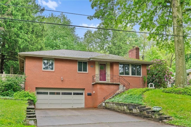 view of front of house featuring a chimney, an attached garage, concrete driveway, and brick siding