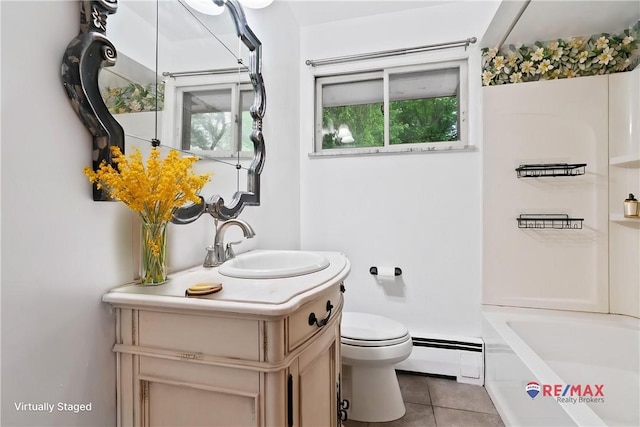full bath with tile patterned floors, baseboard heating, toilet, vanity, and tub / shower combination