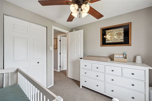 112 Cranbrooke Dr, Findlay Twp, PA 15108 - bedroom with light colored carpet, a closet, and ceiling fan