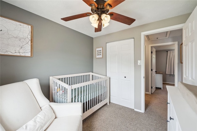 112 Cranbrooke Dr, Findlay Twp, PA 15108 - bedroom with attic access, light colored carpet, a closet, a nursery area, and ceiling fan