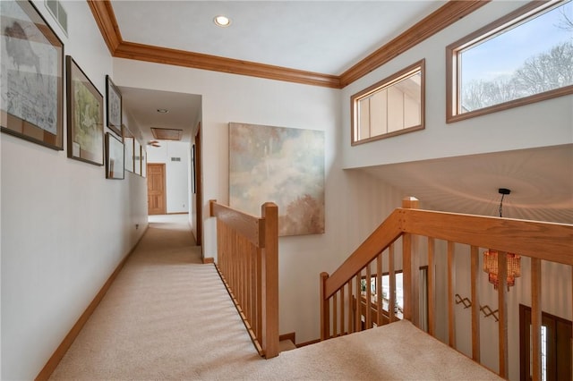 4616 Windbrook, Murrysville, PA 15668 - hallway featuring an upstairs landing, ornamental molding, carpet, baseboards, and recessed lighting