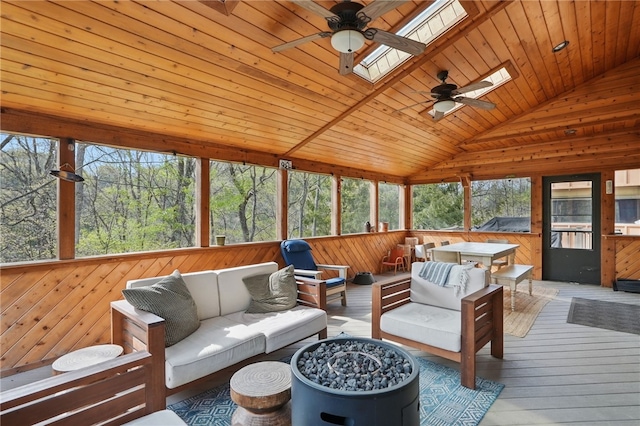 4616 Windbrook, Murrysville, PA 15668 - sunroom / solarium with an outdoor hangout area, ceiling fan, a wooden deck, plenty of natural light, and vaulted ceiling