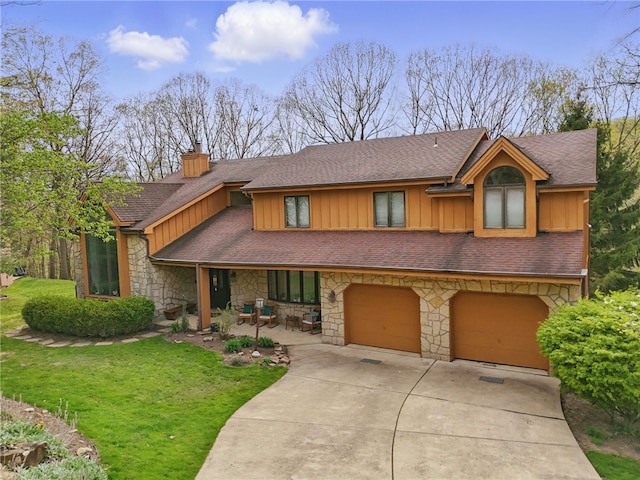 4616 Windbrook, Murrysville, PA 15668 - view of front facade with board and batten siding, stone siding, a front lawn, driveway, and a chimney