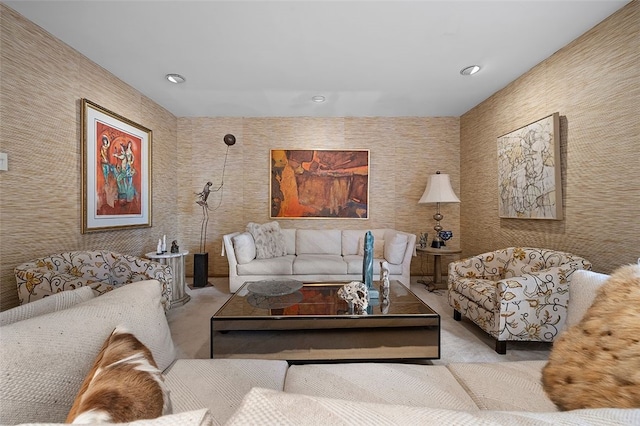 carpeted living room with recessed lighting