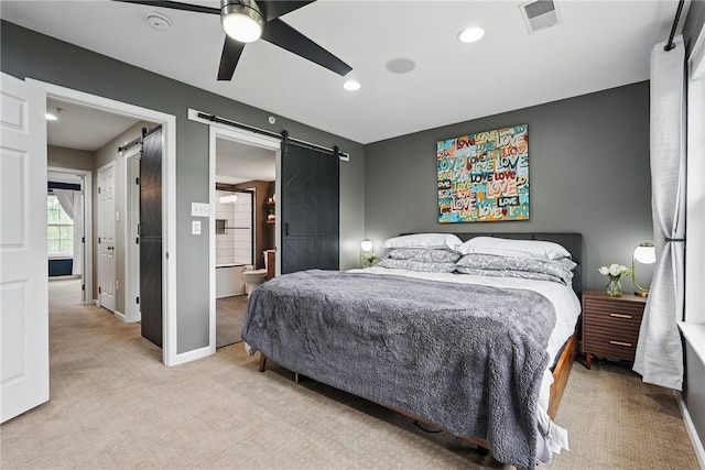 113 Lewisham Rd, Cranberry Twp, PA 16066 - bedroom with a barn door, light carpet, baseboards, recessed lighting, and ensuite bathroom