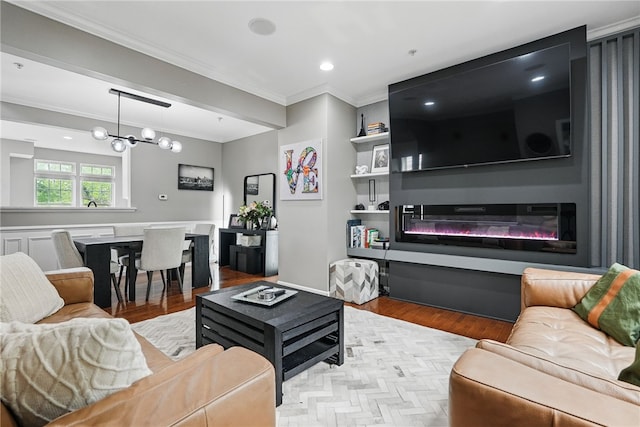 113 Lewisham Rd, Cranberry Twp, PA 16066 - living room featuring a chandelier, crown molding, light wood-style flooring, recessed lighting, and a glass covered fireplace