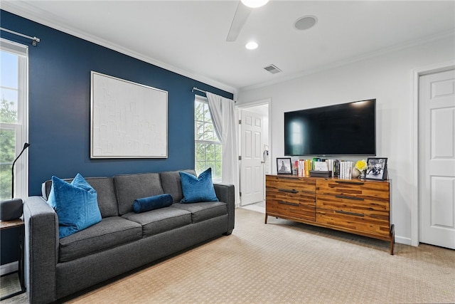 113 Lewisham Rd, Cranberry Twp, PA 16066 - carpeted living room featuring ceiling fan, ornamental molding, and recessed lighting