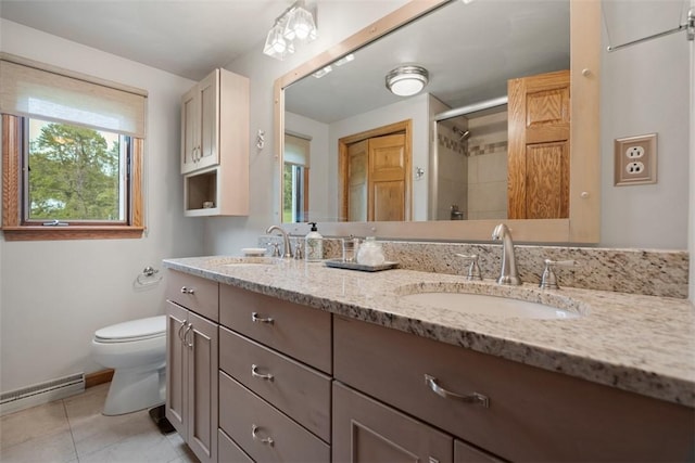bathroom featuring a baseboard radiator, toilet, a shower stall, tile patterned flooring, and double vanity