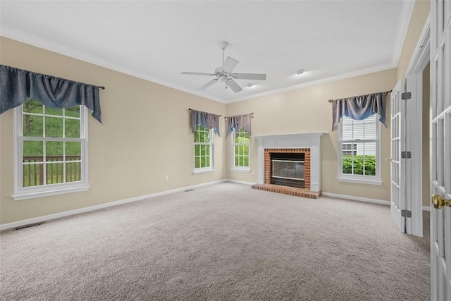 939 White Water Dr, Adams Twp, PA 16046 - unfurnished living room featuring carpet floors, a ceiling fan, crown molding, and baseboards