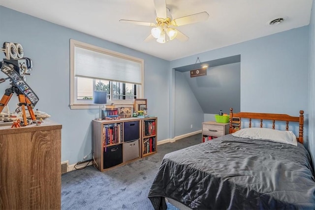 carpeted bedroom with baseboards and ceiling fan