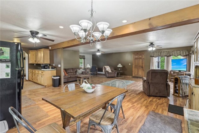 1770 Perry Hwy, Muddy Creek Twp, PA 16051 - dining room featuring a ceiling fan, beamed ceiling, light wood-style flooring, a chandelier, and recessed lighting