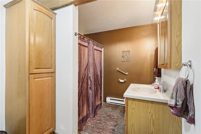 1770 Perry Hwy, Muddy Creek Twp, PA 16051 - full bathroom featuring a baseboard heating unit, vanity, and a shower with shower curtain