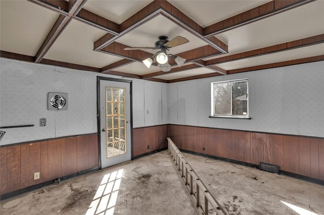 2252 Milligan Ave, Swissvale, PA 15218 - spare room with ceiling fan, wainscoting, wood walls, and coffered ceiling