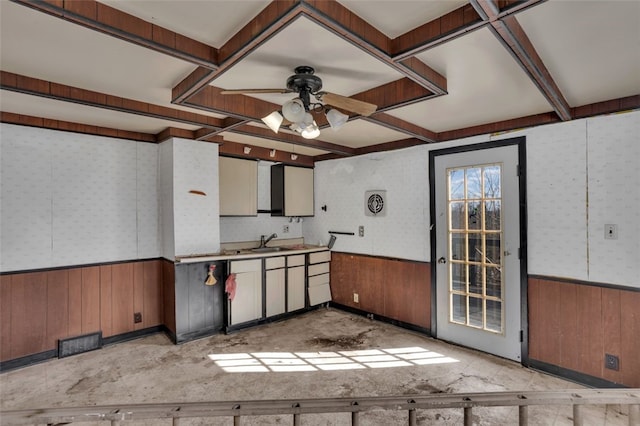 2252 Milligan Ave, Swissvale, PA 15218 - kitchen with a wainscoted wall, ceiling fan, wooden walls, a sink, and wallpapered walls