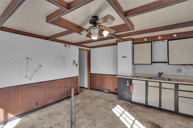2252 Milligan Ave, Swissvale, PA 15218 - kitchen featuring a sink, wainscoting, wallpapered walls, a ceiling fan, and wood walls