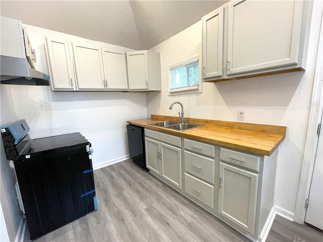kitchen featuring a sink, electric range, butcher block counters, dishwasher, and light wood-type flooring